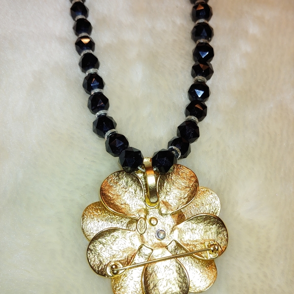 Vintage Gold-tone & Crystal Double Petal Flower Brooch/Clip-on Pendant 2" - Picture 5 of 9